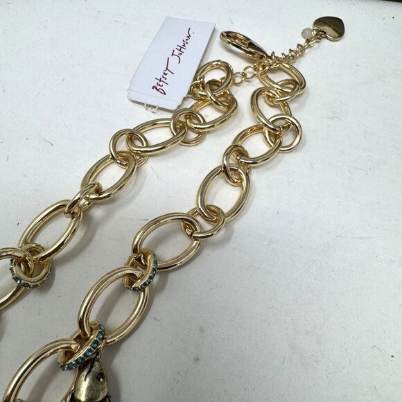 Betsey Johnson Fish Charm Rhinestone Necklace Goldtone Link - Picture 9 of 10